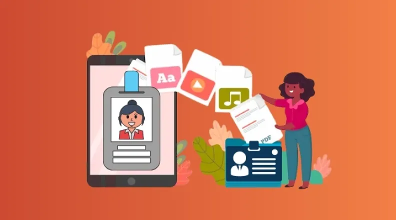 A person customizes a digital business card, adding multimedia, text, and more, choosing it over a paper card.
