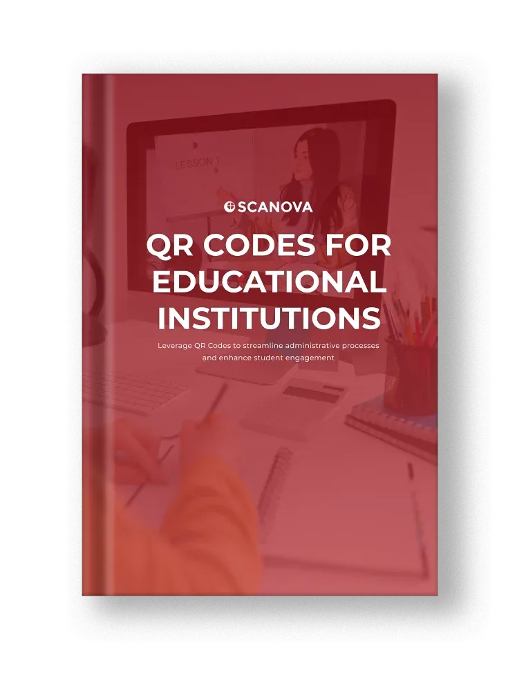 Red e-book cover titled 'QR Codes for Educational Institutions' with Scanova’s logo, guiding enhanced learning with QR Codes.