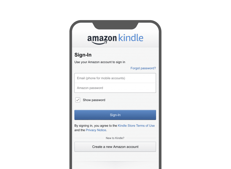A mobile screen displaying the Kindle sign-in page using an app deep link type of QR for easy navigation.