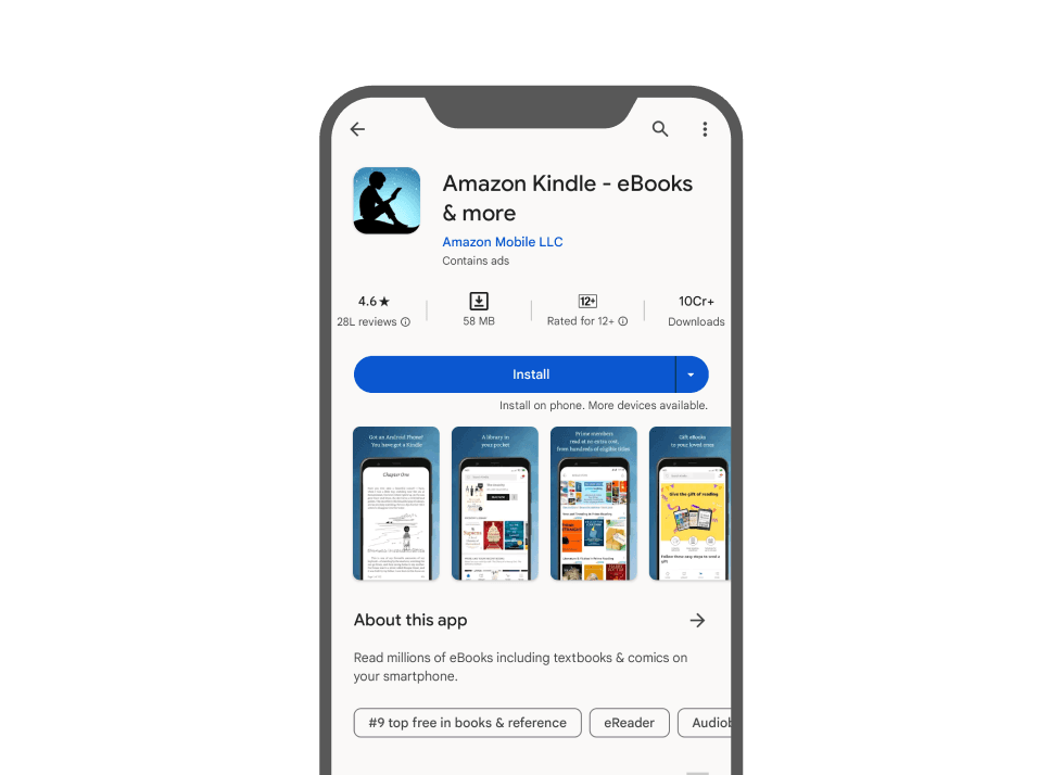 Smartphone screen displaying Amazon Kindle in app store as scanning the QR code prompts app download for versatile linking.