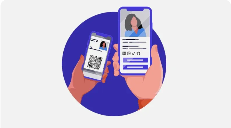A person scans a scannable business card with a smartphone, opening a detailed digital card created with Scanova.