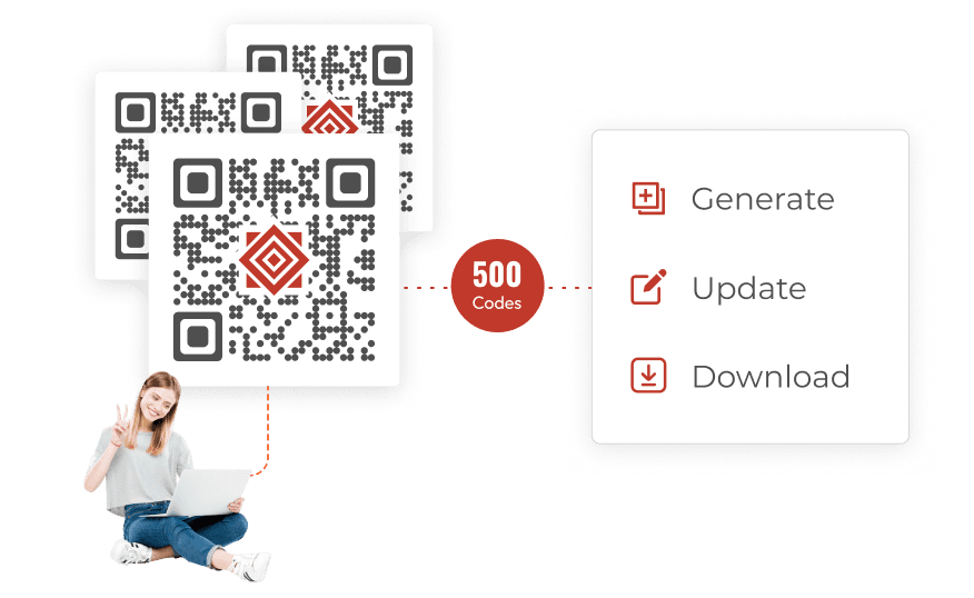 Woman with a laptop Creating, updating, and downloading up to 500 dynamic business QR Codes at once for efficient management.