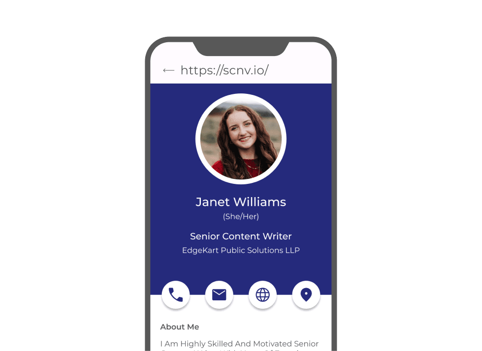 Mobile showing a lady's business card, QR scan redirects to a custom page with detailed QR code content like contact info.