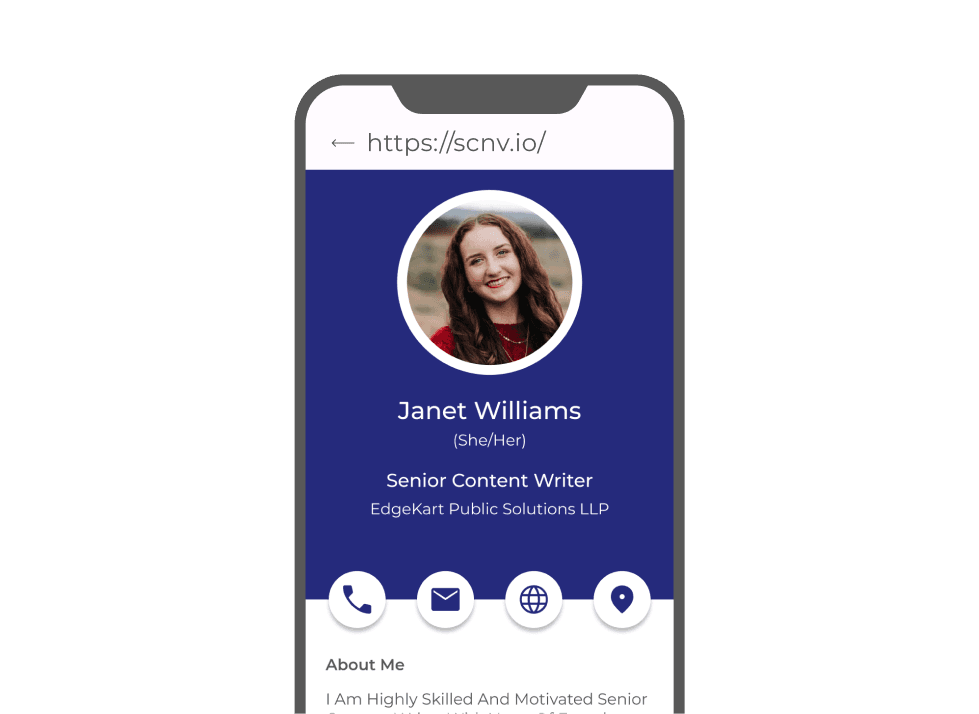 Mobile QR code landing page showing a lady's business card with a blue background for detailed contact information.