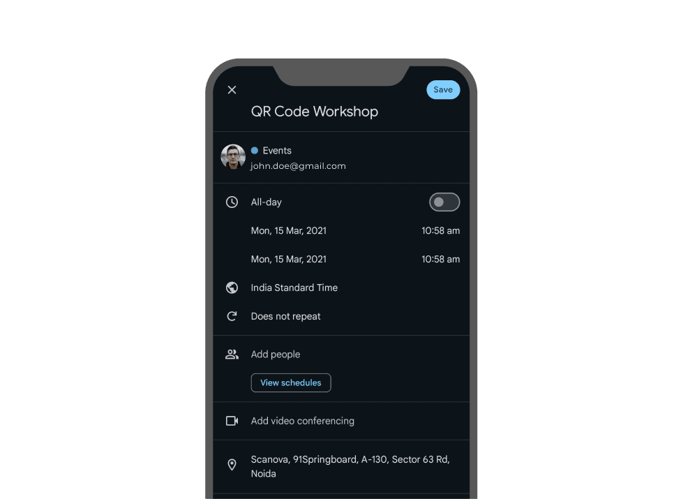 Mobile screen showing workshop details with calendar event type of QR Code to quickly add event to calendar for easy recall.