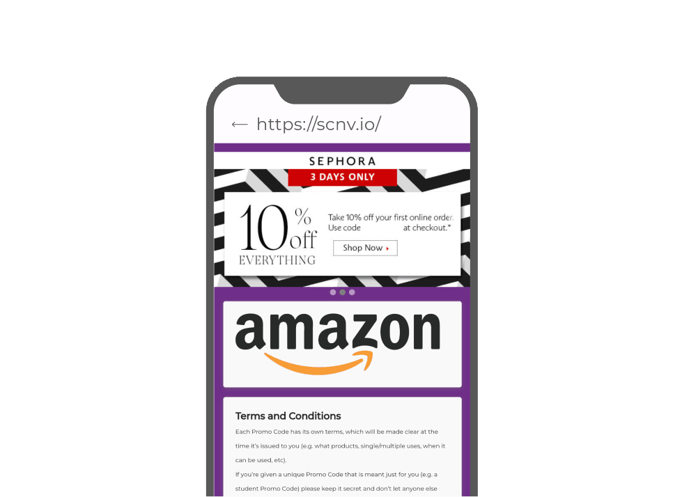 Smartphone displaying Sephora 10% off coupon; scan QR code for a customized coupon page for exclusive savings.