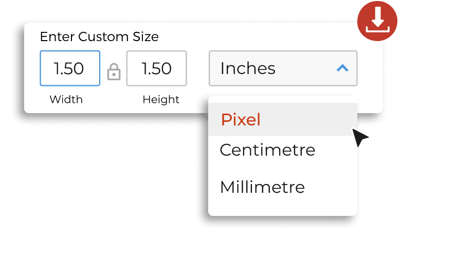 Scanova's custom size option showing 1.5 inches as width and height to export high-resolution QR codes in various dimensions.