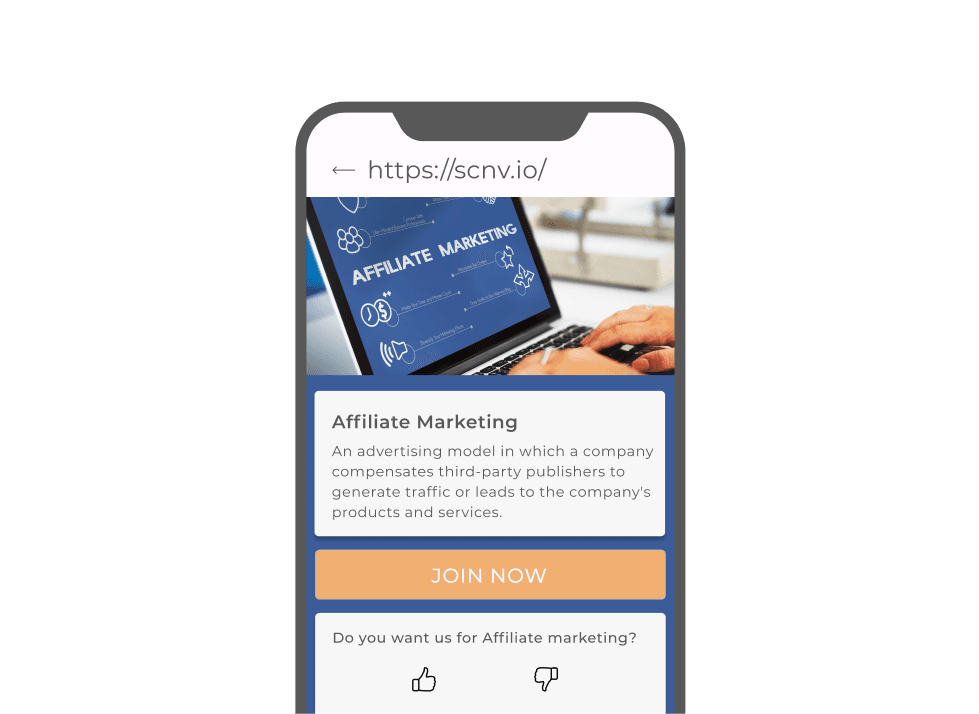 Affiliate marketing Mobile QR code landing page with "Join Now' CTA; scan redirects to customized content.