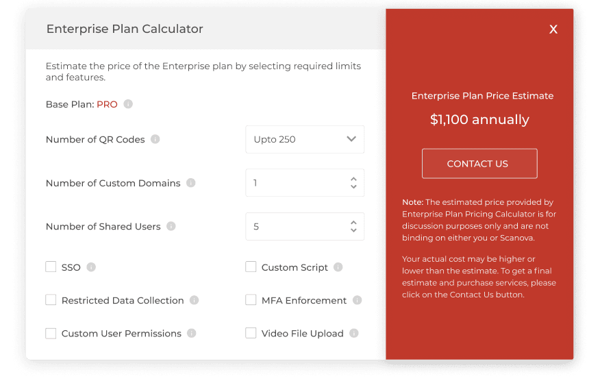 Example of Scanova’s enterprise plan calculator: Customize QR for businesses, domains, users, and more for clear pricing.