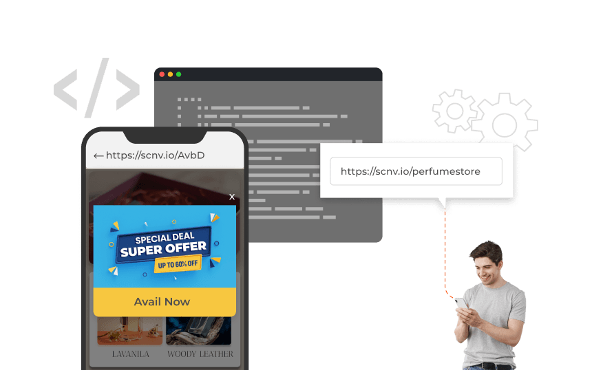 Man viewing phone screen with custom URL and pop-up, showing flexibility in designing landing pages using custom scripts.