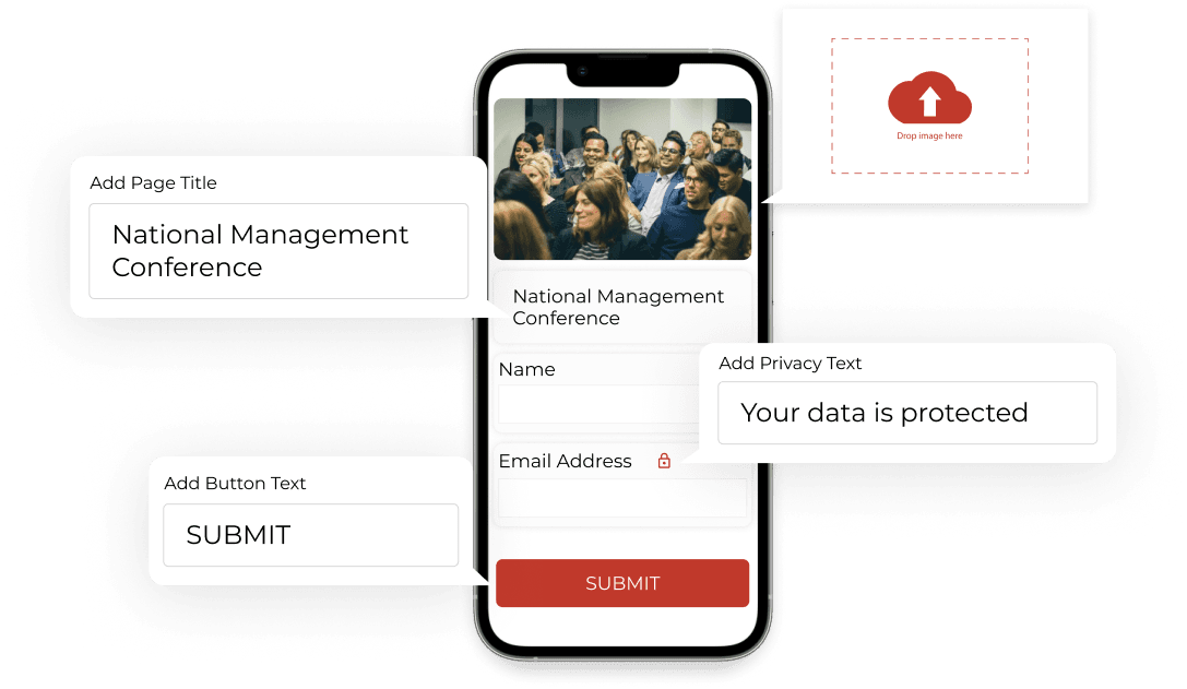 Mobile showing a customizable QR code form for conference registration, with editable elements like image, text, button, etc.