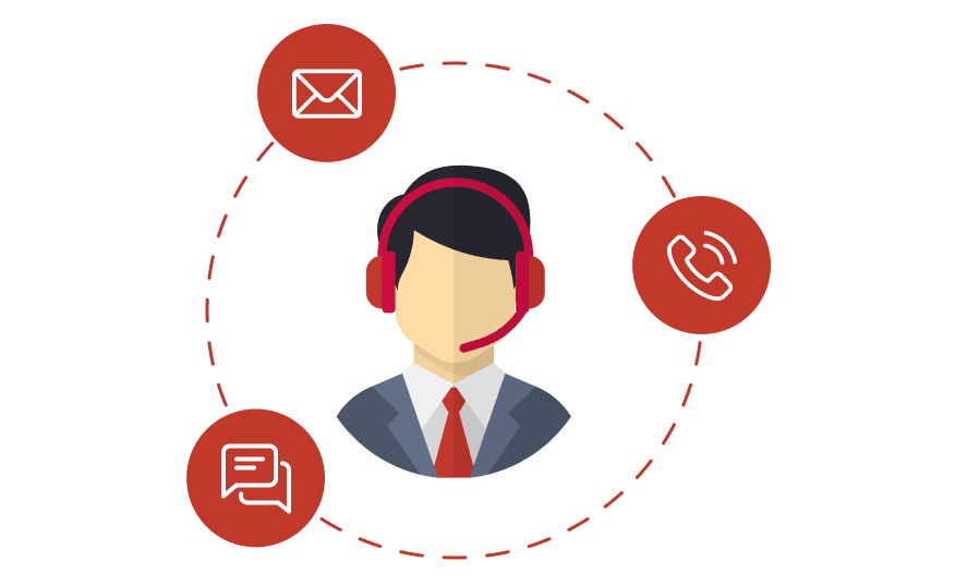 A relationship manager surrounded by icons of mail, call, and chat, symbolizing personalized support options at Scanova.