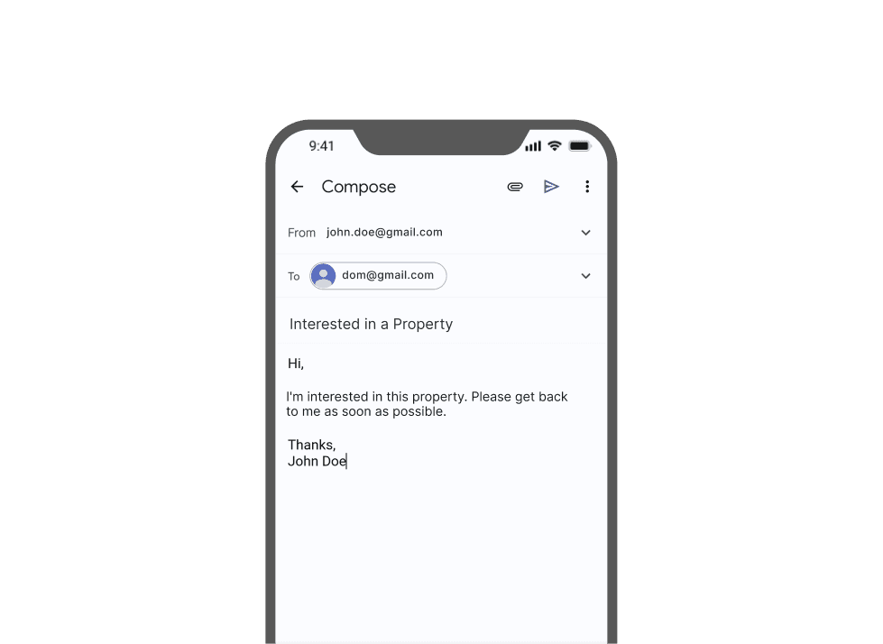 Mobile displaying an email to John Doe; scanning the QR code prompts sending pre-written email for accurate contact sharing.