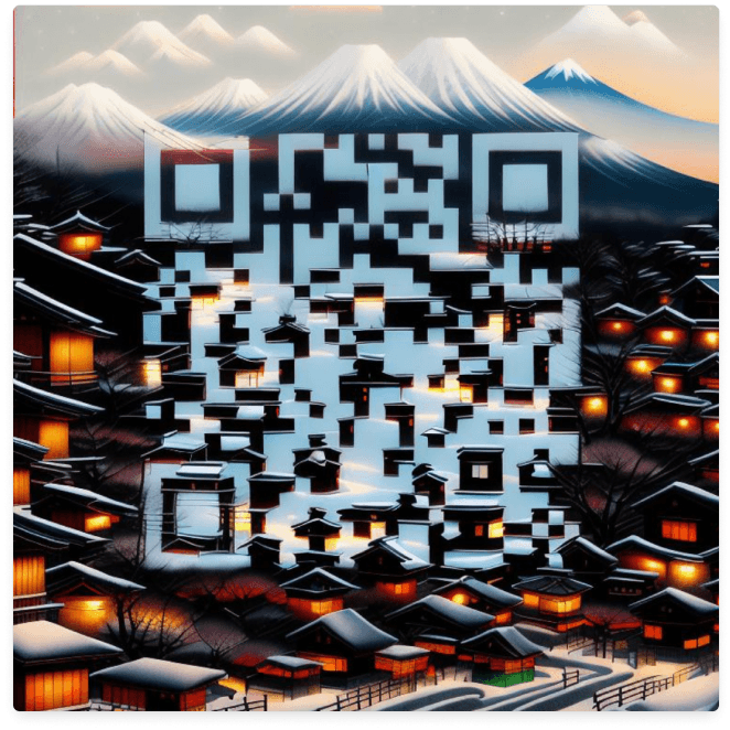 Example of an AI QR code with a snowy Japanese village, wooden houses, lanterns, and Mount Fuji in the background.