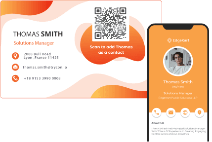 Business card of Thomas Smith with a QR code linking to a digital business card for seamless networking.
