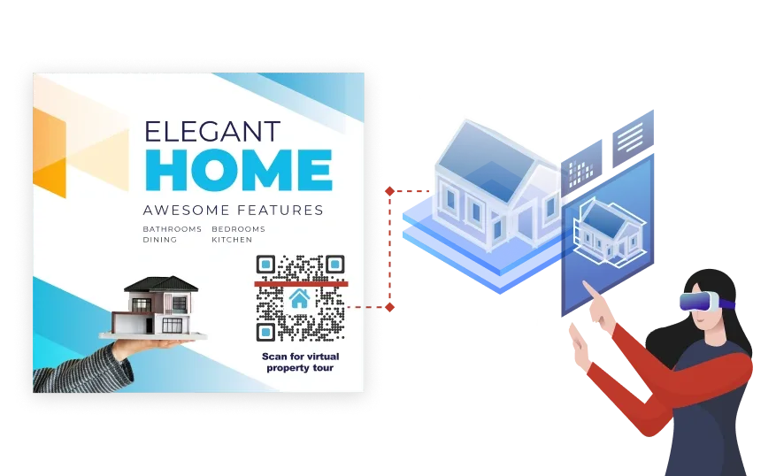 A girl in a VR headset explores a real estate QR code on a poster, linking to an immersive virtual tour of the property.