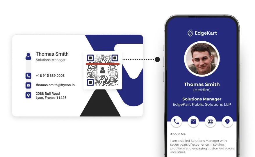 QR code on a physical business card linking to a detailed digital business card, enabling easy networking & contact sharing.