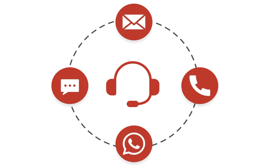 Customer support icon with email, WhatsApp, call, and message icons, showing our support for users.