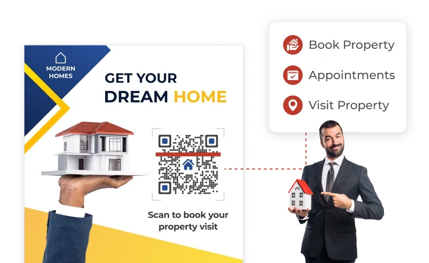Man showing a QR Code on a real estate poster titled 'Get Your Dream Home,' allowing buyers to book visits and appointments.