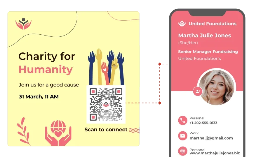 QR code on charity poster linking to the organizer's digital business card, simplifying contact for nonprofit organizations.