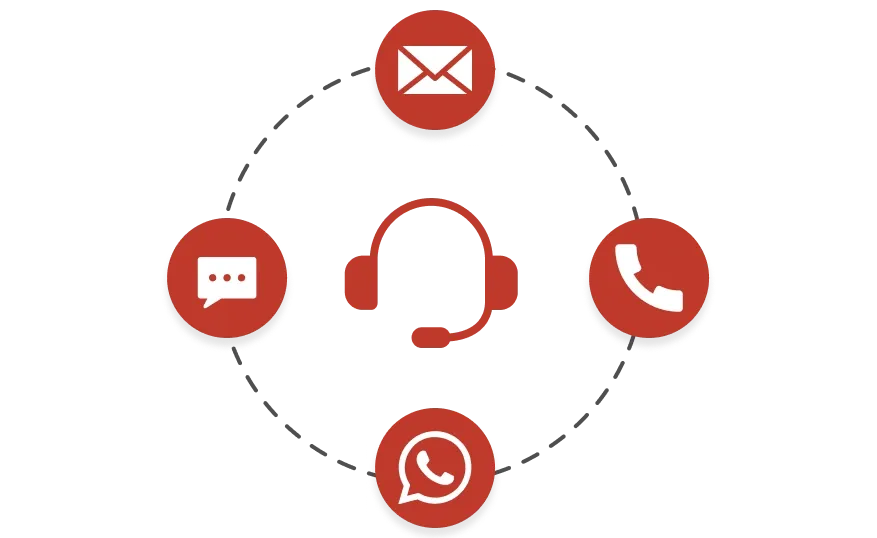 Customer support icon with email, WhatsApp, call, and message icons, showing our support for users.