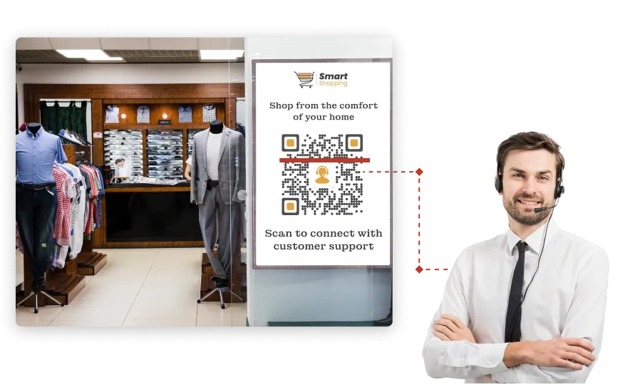 Retail QR Code on a banner in a clothing shop lets customers scan to connect with customer support easily and quickly.