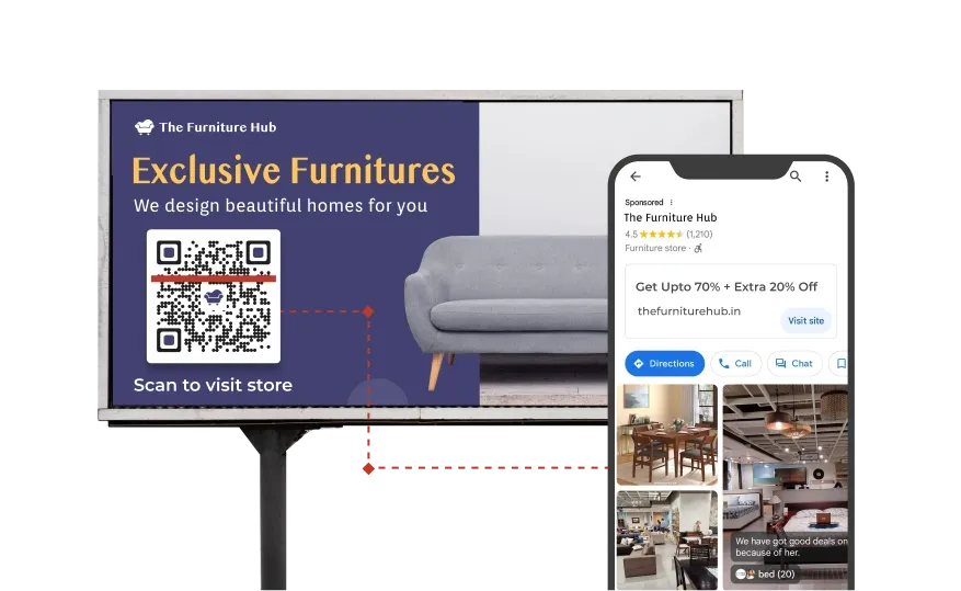 QR code on a furniture billboard directing to the store's Google Maps location, making it easy for customers to navigate.
