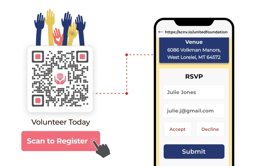 QR Code for NGOs leads to a volunteer registration form with RSVP options and venue details, simplifying the sign-ups.