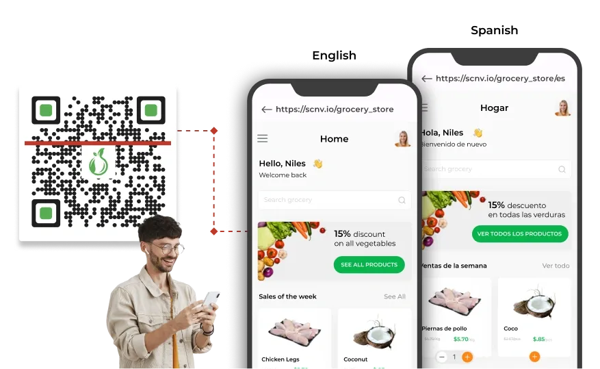 A man exploring QR Codes showing how one code can lead to personalized landing pages, like English and Spanish versions.