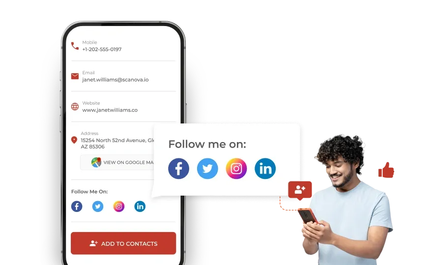 Person customizing a digital business card on a smartphone, adding social media links for better engagement via a QR code.