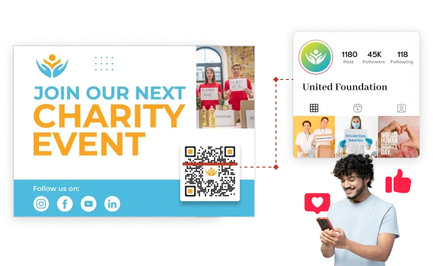 A man exploring a QR code on a charity poster linking to the nonprofit’s Instagram, enhancing social media visibility.