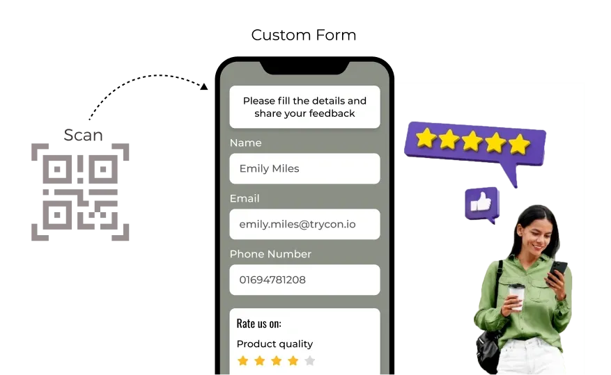 QR Code scanned by a woman, leading to a feedback form for ratings and reviews to improve customer satisfaction.