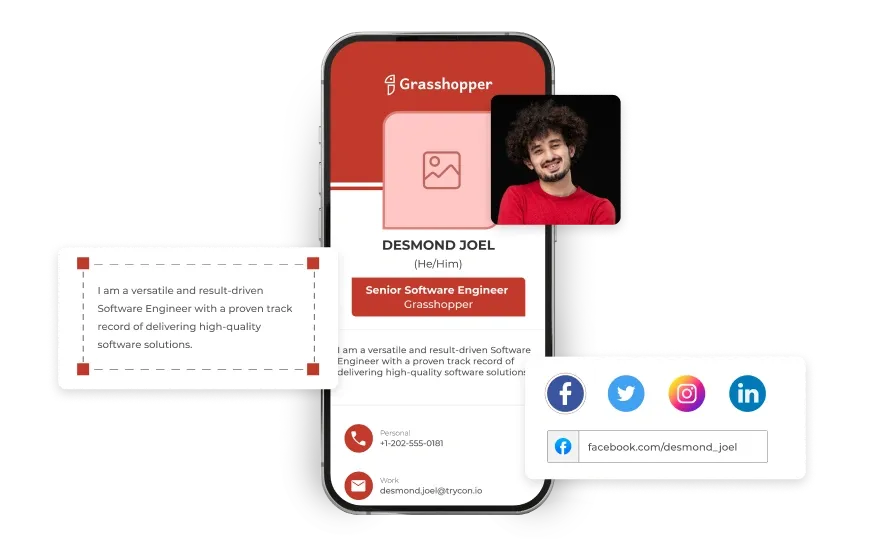 Smartphone showing a customizable digital business card, with options to edit photos, text, social media links, logo and more