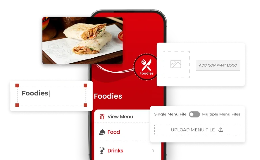 Smartphone screen showing a custom QR code menu page for a restaurant with editable images, videos, and interactive buttons.