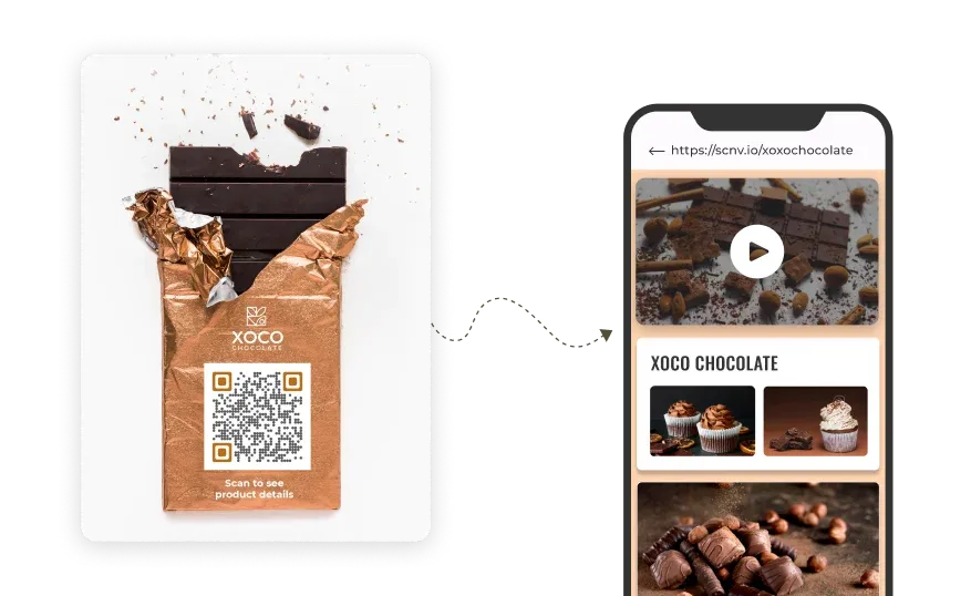 Chocolate with QR code on packaging, linking to product details and enhancing consumer engagement with this QR code for FMCG.