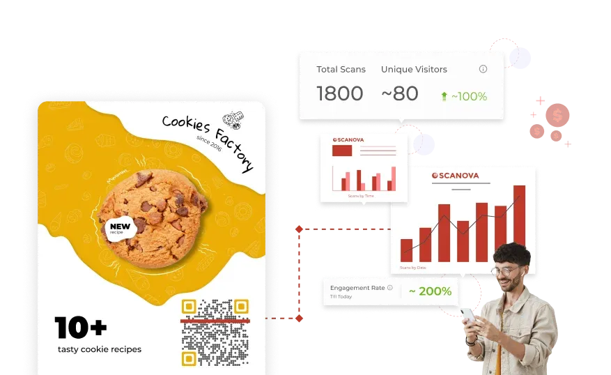 Cookie recipe book with QR code for FMCG and a boy tracking scans on phone to measure QR Code success and gain user insights.