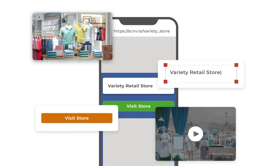 Custom landing page of a retail store with editable text, images, and videos, showcasing enhanced QR code content.