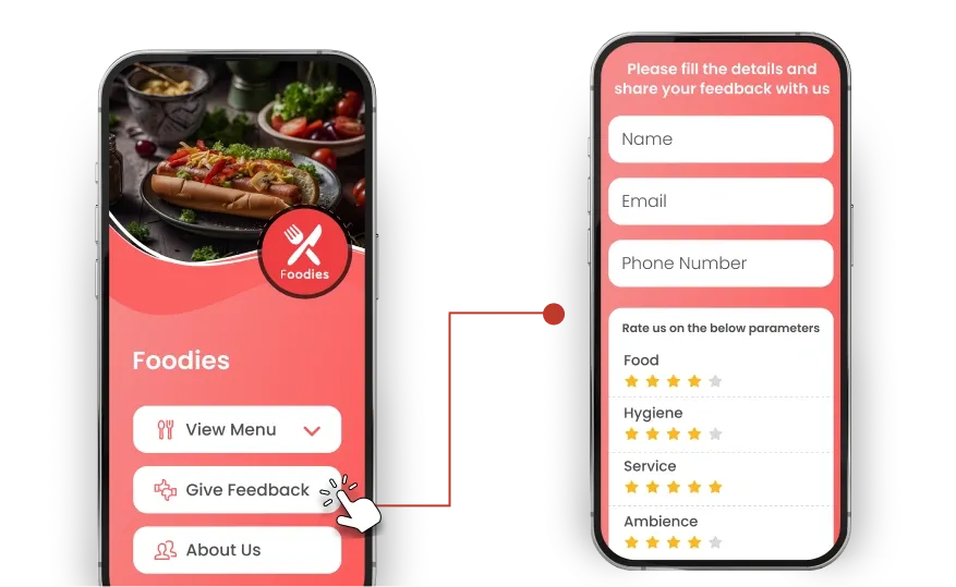 Mobile showing a QR code menu page with a 'give feedback' button and a feedback form for easy customer reviews and ratings.