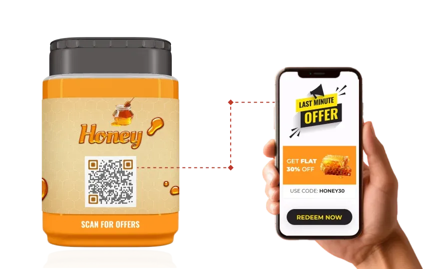 Honey jar with QR code for consumer goods leading to a 30% off landing page for expanding reach with exclusive discounts.