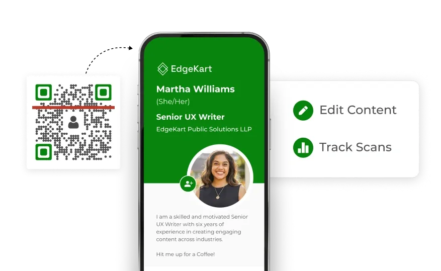 Custom QR code for business card opens a woman's digital card on a smartphone, with options to edit content and track scans.
