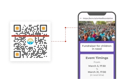 Custom QR code for nonprofit organizations directing to a fundraiser’s landing page with event details, timings, map, & more.