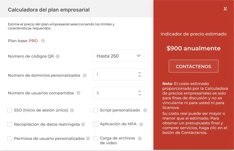 Captura de pantalla que muestra la calculadora de precios empresariales de Scanova.