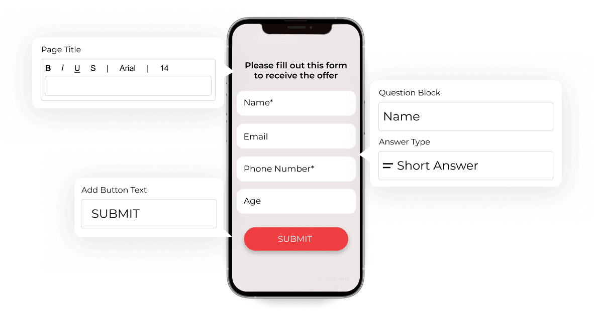 Smartphone screen with a customizable QR code form to capture user info before revealing content for lead generation.