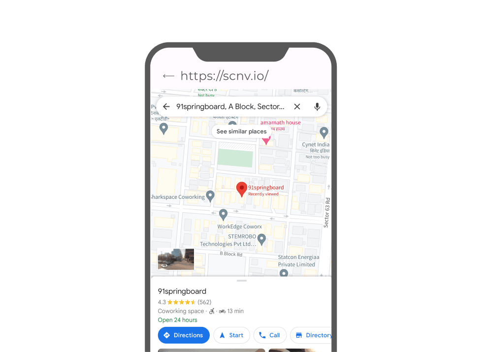 Smartphone showing location of 91springboard as scanning Google map type of QR code opens the map and pinpoints the location.