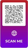 Example of a QR code with a colorful ‘SCAN ME’ frame and globe icon on a vibrant purple frame.