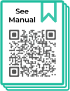 Example of a stylized QR code design with ‘See Manual’ text and book icon in a decorative frame made with Scanova.