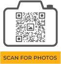 Example of an eye-catching camera-shaped QR code with ‘SCAN FOR PHOTOS’ text, generated with Scanova.