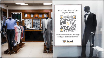 Clothing store banner with a QR code for downloading the app, enhancing accessibility.