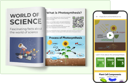 A science book links to a photosynthesis video, offering students quick and interactive resources via a QR code solution.