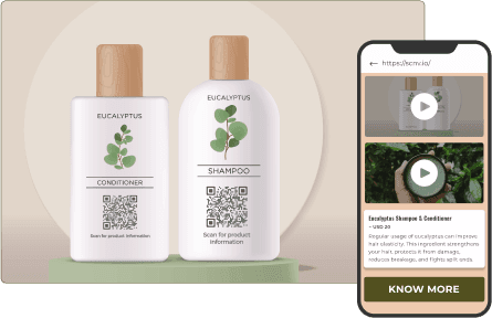 Shampoo and conditioner bottles with QR codes, showcasing QR code solutions for detailed product information.